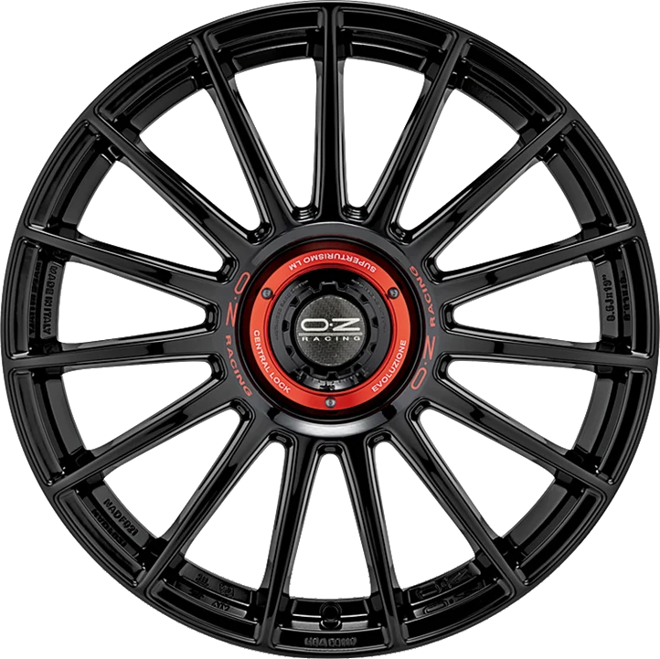 OZ Racing Superturismo Evoluzione wheel in Gloss Black + Red Lettering