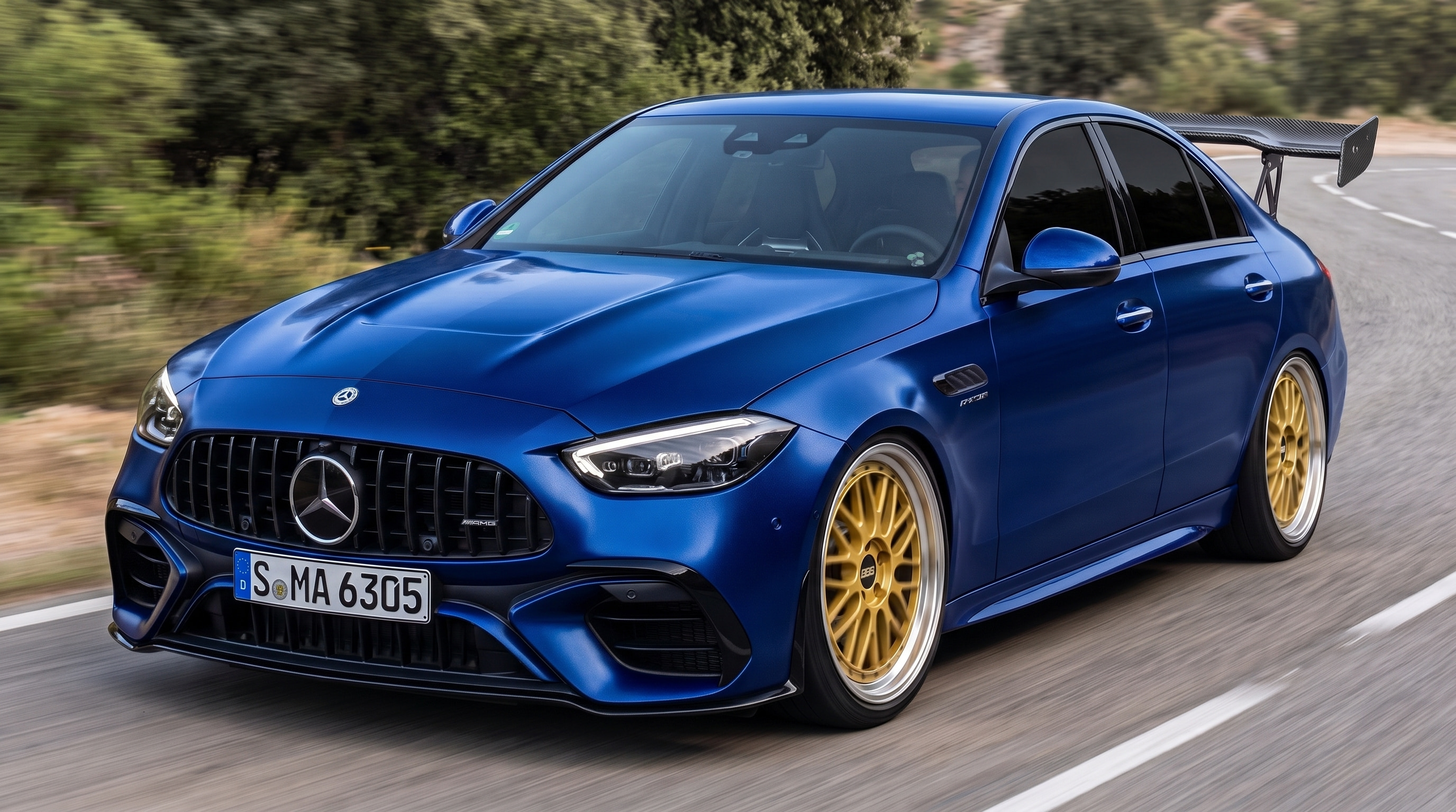 2025 Mercedes-Benz C-Class AMG with BBS LM 19" · Gold, Ride height −100 mm, 95% tint, Custom metallic paint, Swan-neck GT wing