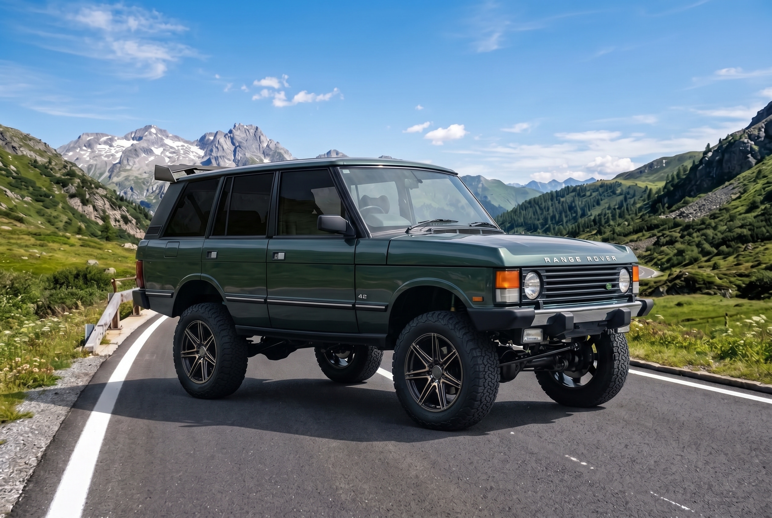 1995 Land Rover Range Rover with Ride height +150 mm, 65% tint, Shot in the mountain road, Roof spoiler
