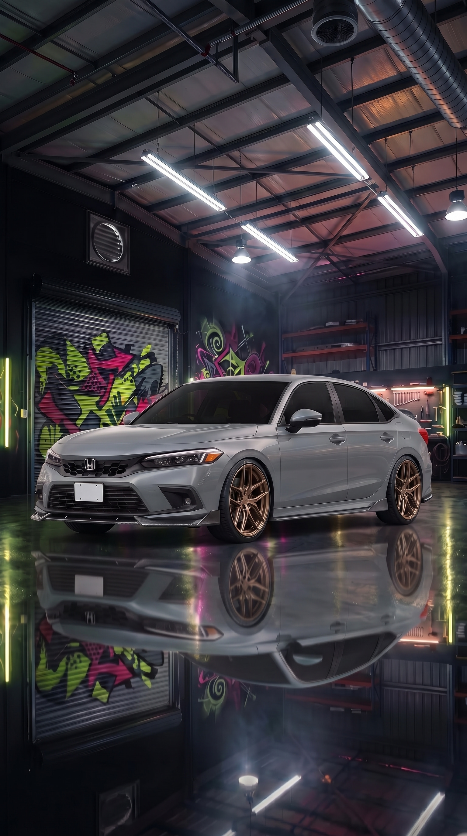 2022 Honda Civic with Vossen HF-5 19" · Satin Bronze, Ride height −60 mm, 85% tint, Custom gloss paint, Front lip splitter, Side skirts, Rear diffuser, Carbon lip spoiler