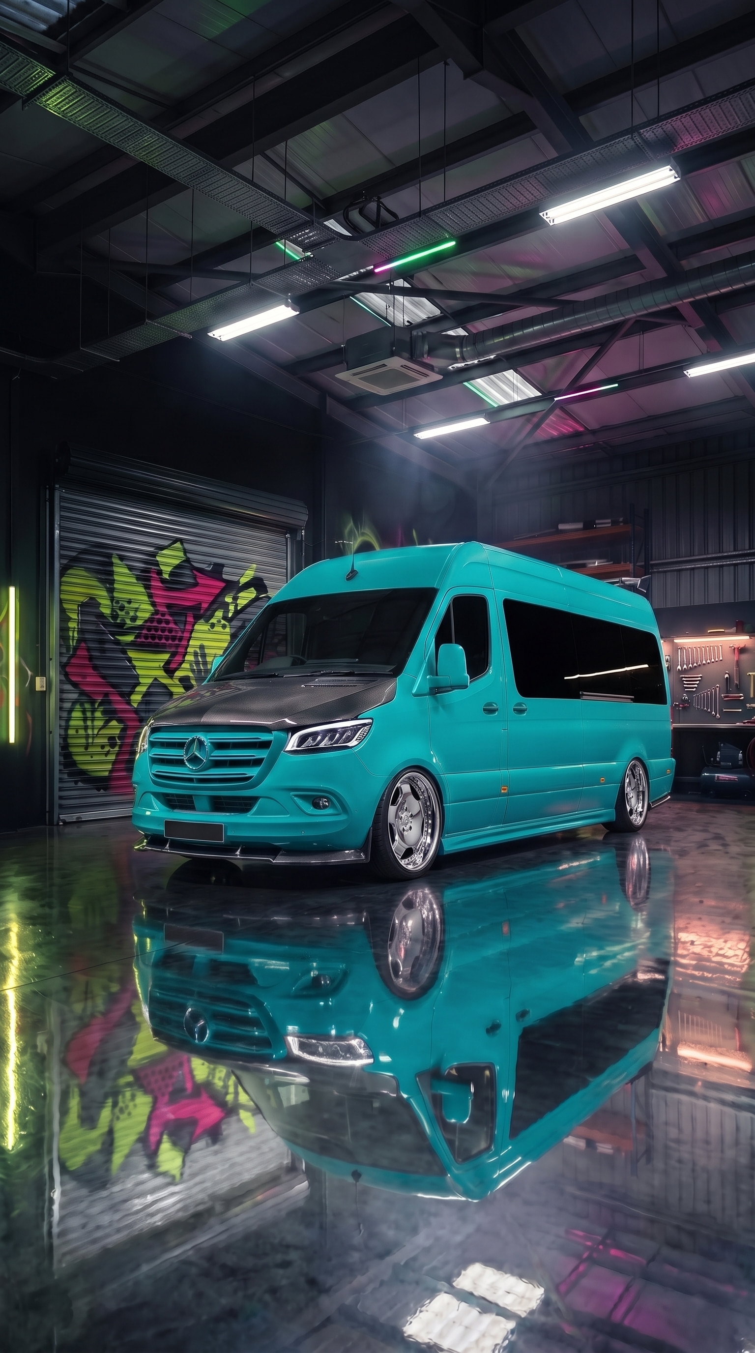 2024 Mercedes-Benz Sprinter with Work Wheels LS Adamas 21" · Super Chrome Plating, Ride height −100 mm, 100% tint, Custom gloss paint, Front lip splitter, Side skirts, Rear diffuser, Carbon hood, Roof spoiler