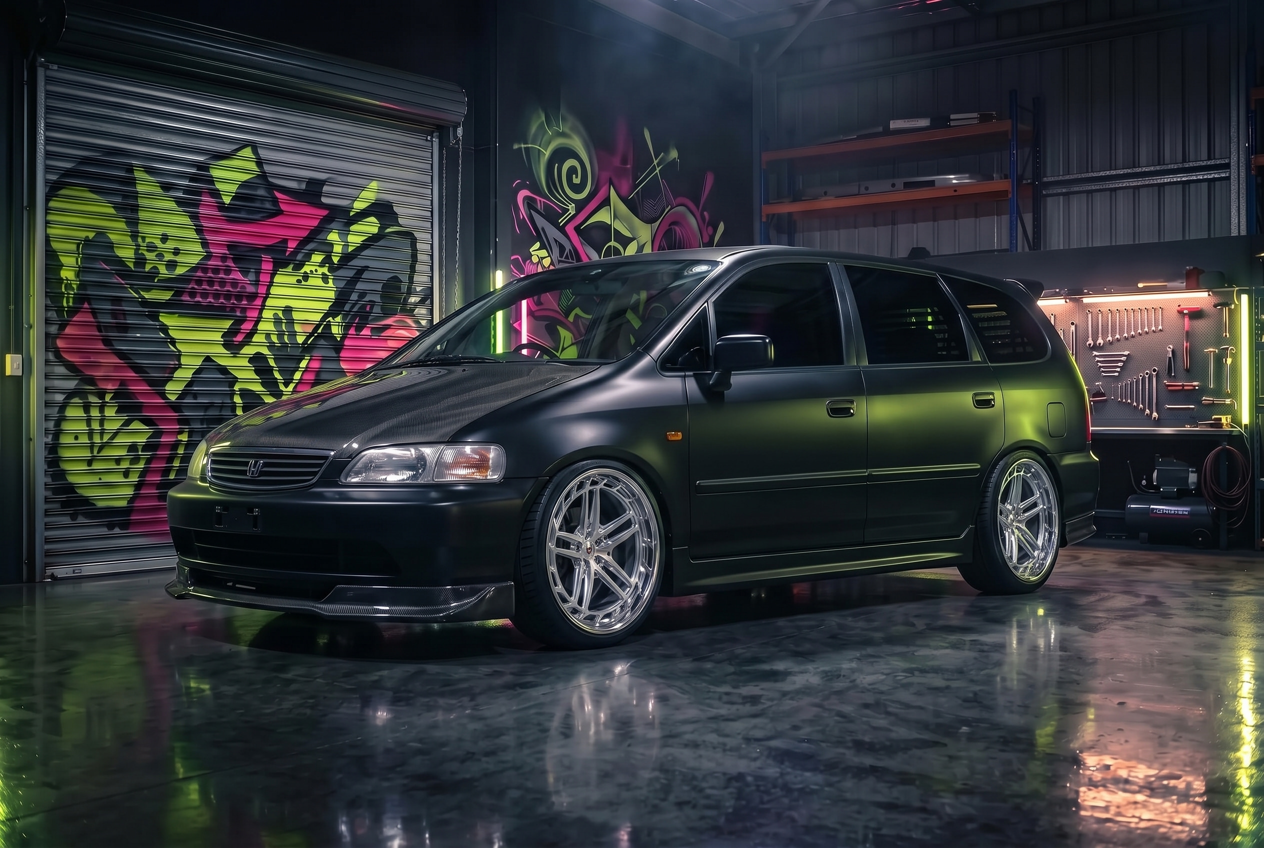 2001 Honda Avancier with Vossen LC3-03T (3-Piece) 18" · Gloss Clear, Ride height −100 mm, 95% tint, Satin black wrap, Front lip splitter, Side skirts, Rear diffuser, Carbon hood, Rear window louvers, Ducktail spoiler
