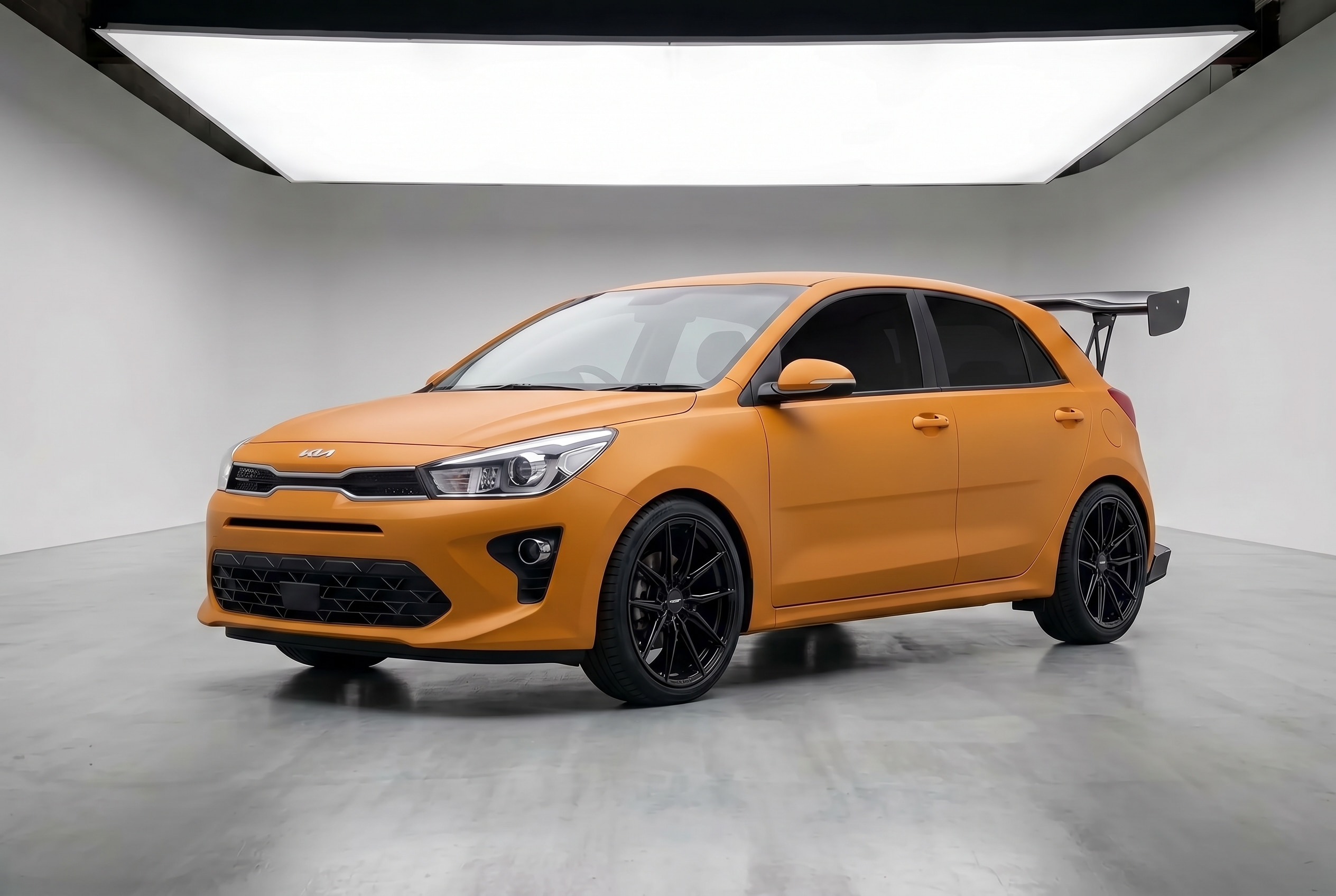 2022 Kia Rio with Vossen HFX-5 17" · Gloss Black, 100% tint, Custom matte paint, Scene: Photo studio, Rear diffuser, Time-attack wing