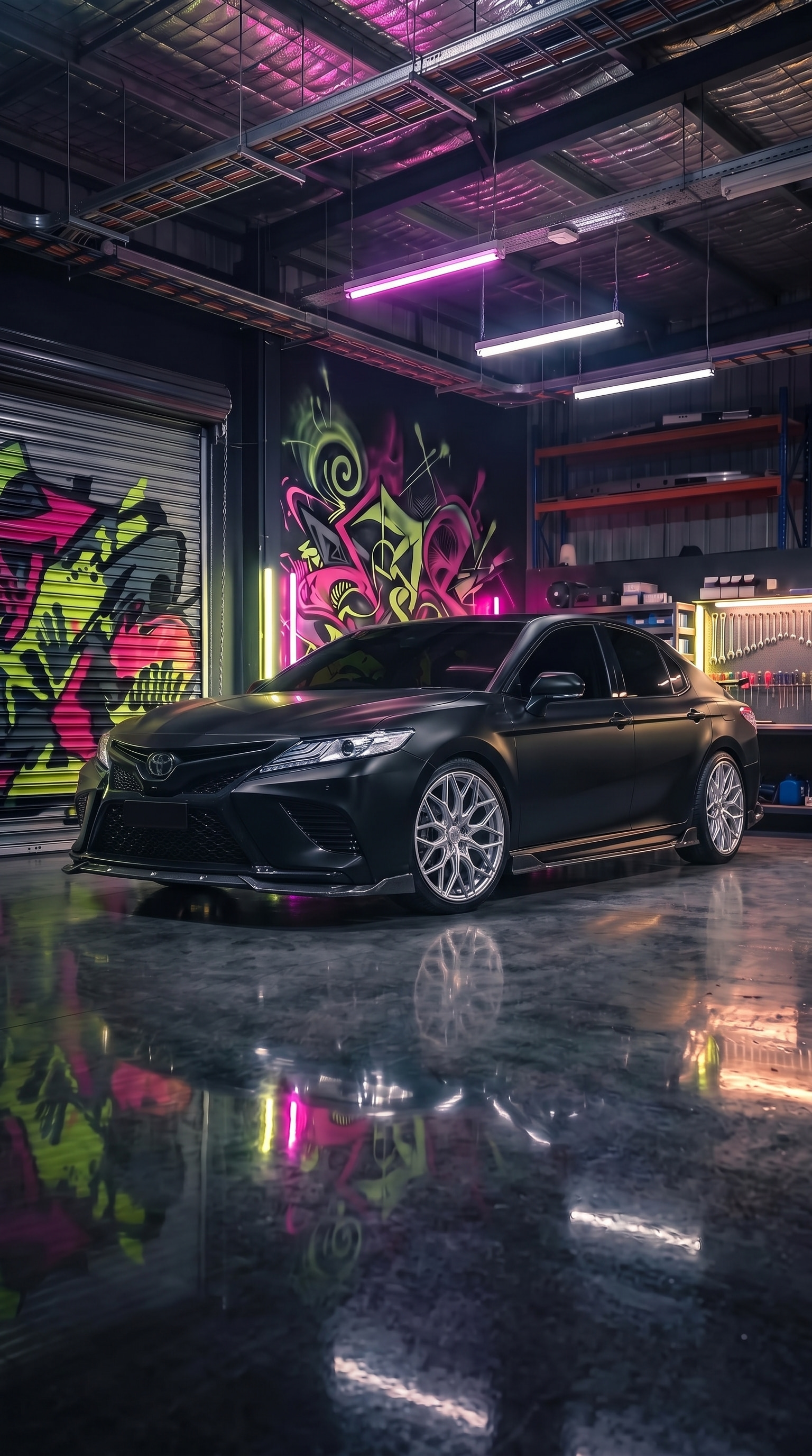 2020 Toyota Camry with Vossen HF-2 19" · Silver Polished, Ride height −50 mm, 90% tint, Custom satin paint, Front lip splitter, Side skirts, Rear diffuser, Ducktail spoiler