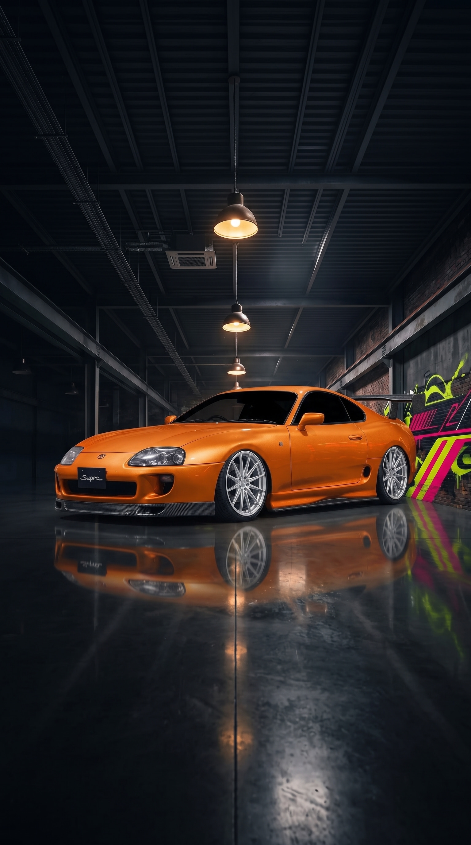 2002 Toyota Supra with Vossen HFX-4 19" · Silver Polished, Ride height −100 mm, 100% tint, Custom metallic paint, Shot in the warehouse, Front lip splitter, Side skirts, Rear diffuser, Classic GT wing