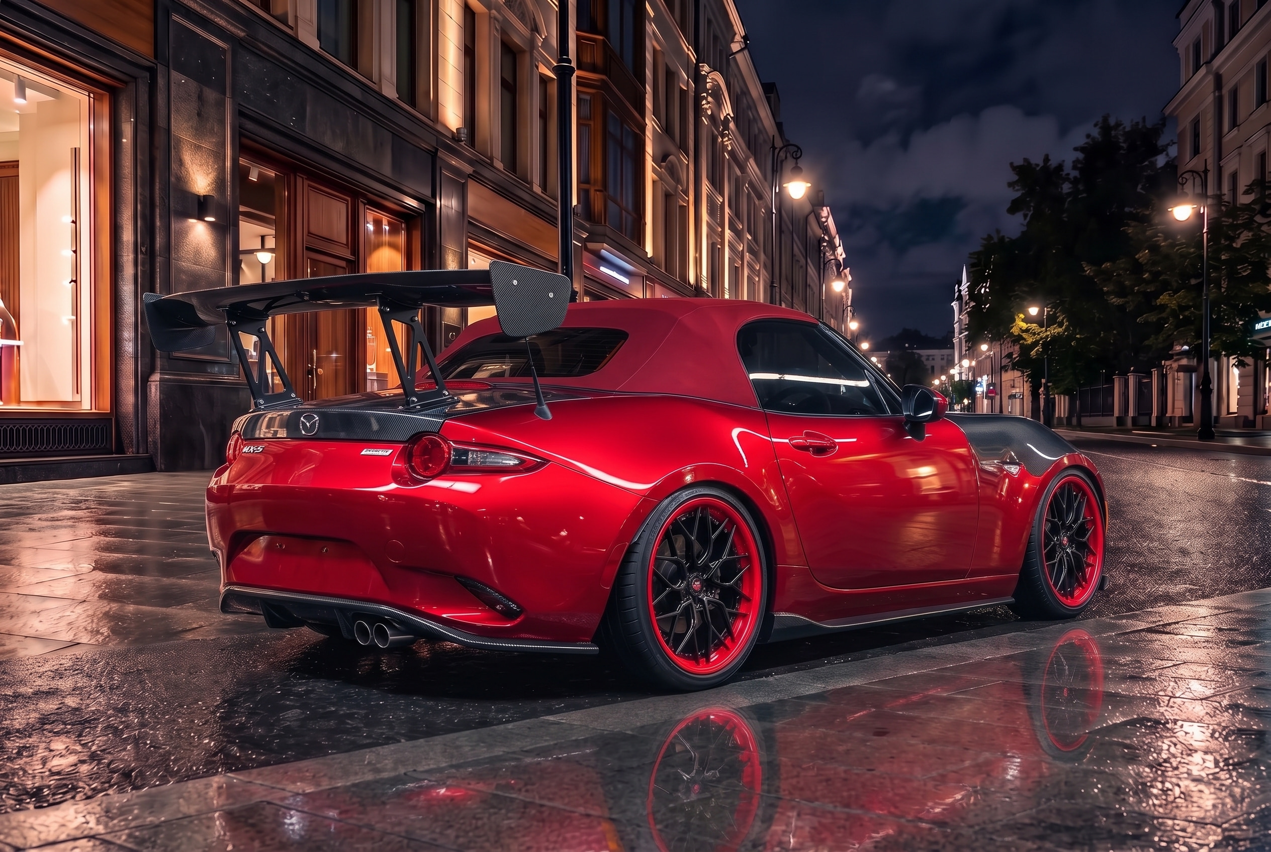 2023 Mazda MX-5 Miata with Vossen S17-01 (3-Piece) 18" · Satin Black, Ride height −100 mm, 75% tint, Shot in the city lights, Front lip splitter, Side skirts, Rear diffuser, Carbon hood, Time-attack wing