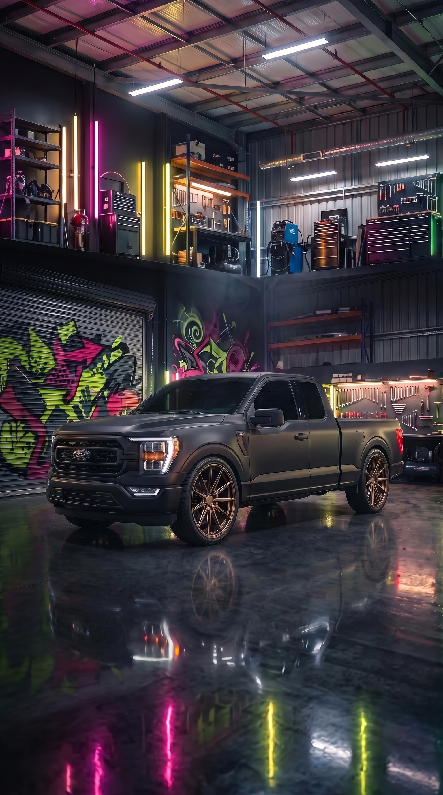 2022 Ford F-150 with Vossen HF6-1 22" · Satin Bronze, Ride height −75 mm, 90% tint, Custom matte paint