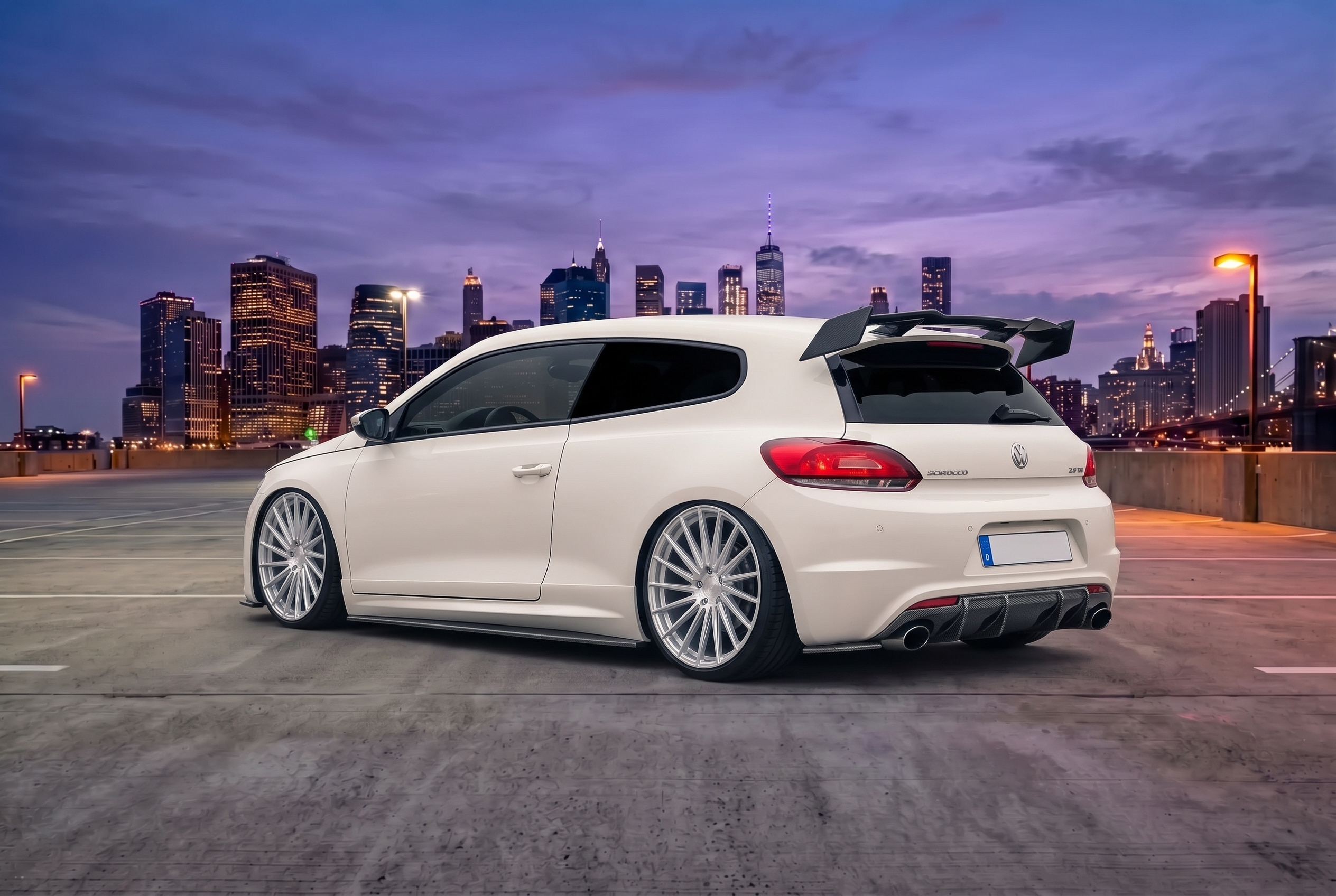 2017 Volkswagen Scirocco with Vossen HFX-4 19" · Silver Polished, Ride height −100 mm, 100% tint, Custom gloss paint, Shot in the rooftop at dusk, Front lip splitter, Side skirts, Rear diffuser, Roof spoiler