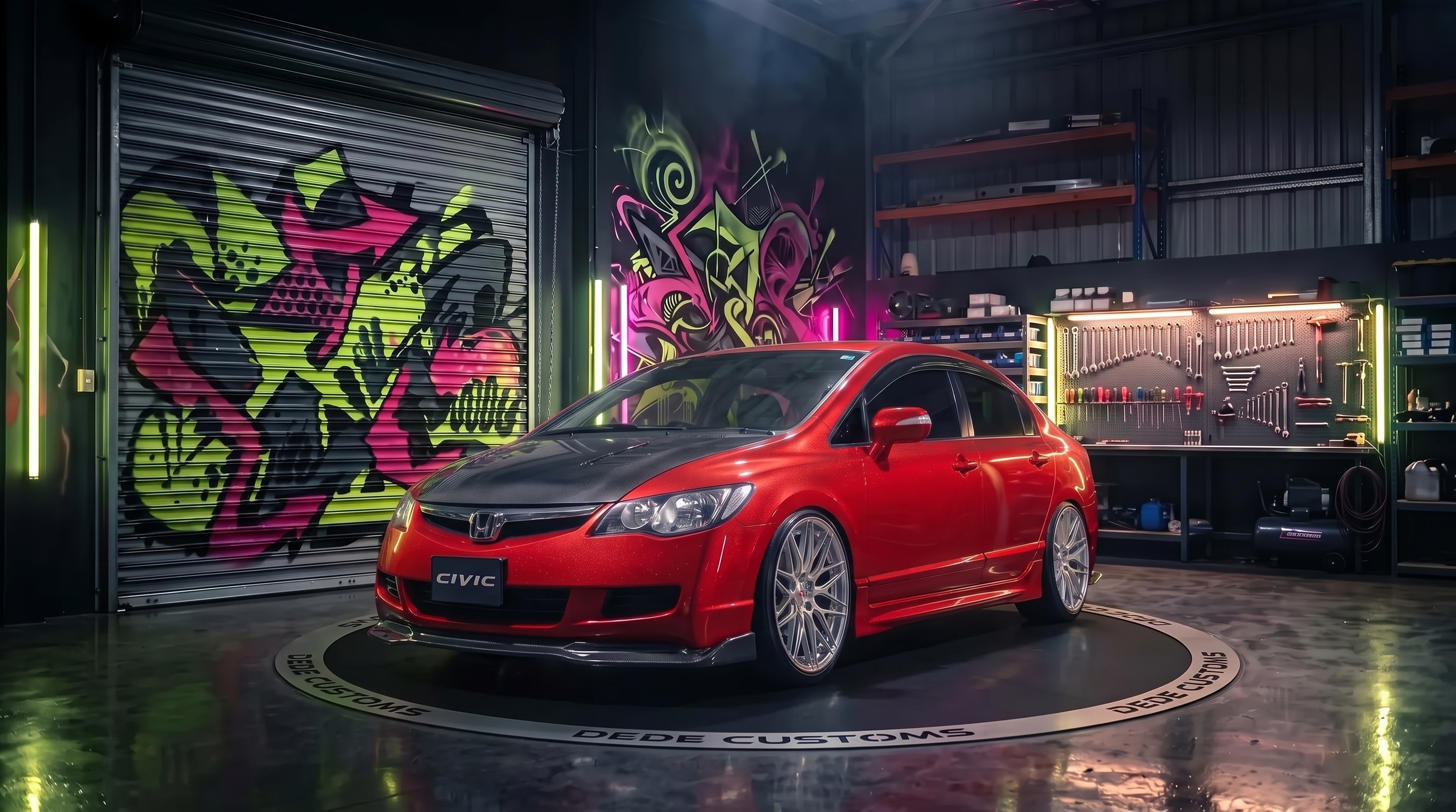 2009 Honda Civic with Vossen LC3-01T (3-Piece) 18" · Gloss Clear, Ride height −100 mm, 95% tint, Custom metallic paint, Scene: Our garage, Front lip splitter, Side skirts, Rear diffuser, Carbon hood, Time-attack wing