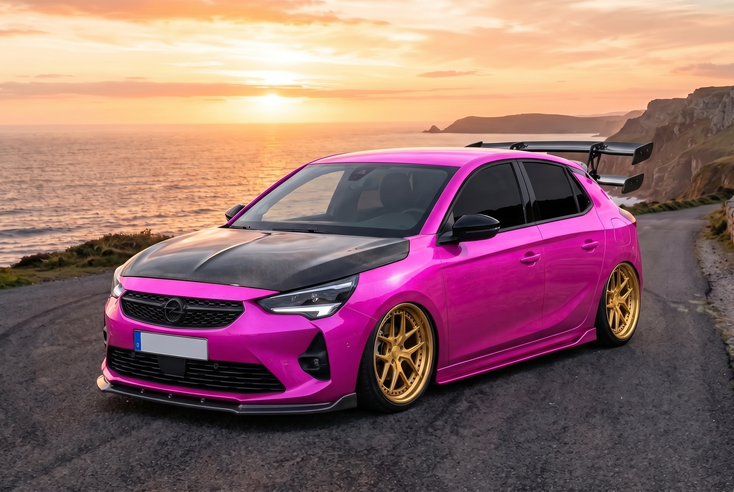 2022 Opel Corsa with Vossen S21-01 (3-Piece) 18" · Imperial Gold, Ride height −100 mm, 100% tint, Custom metallic paint, Scene: Coast at sunset, Front lip splitter, Side skirts, Rear diffuser, Carbon hood, Rear window louvers, Double-element wing